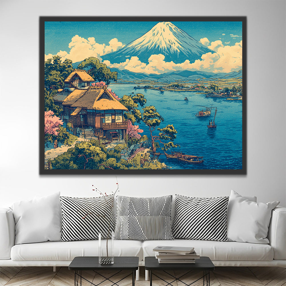 See und Häuser unter dem Berg Fuji Malen nach Zahlen