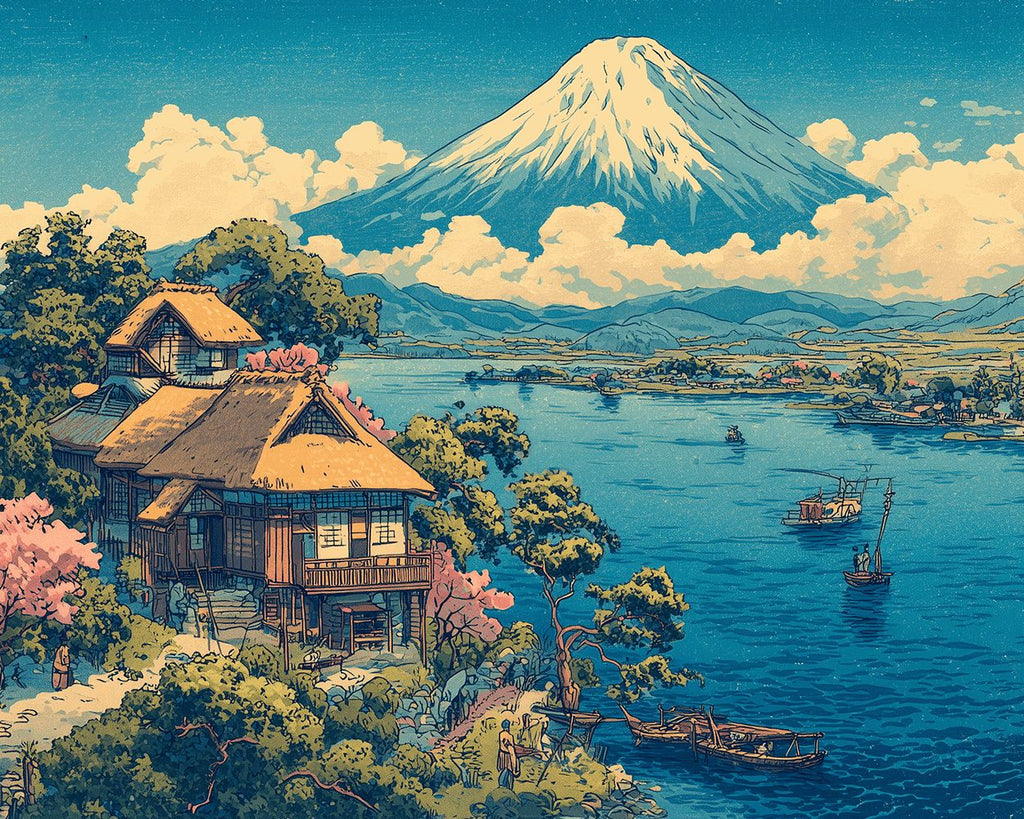 See und Häuser unter dem Berg Fuji Malen nach Zahlen