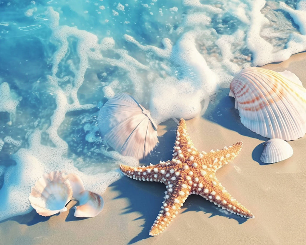 Seestern und Muscheln am Strand Malen nach Zahlen