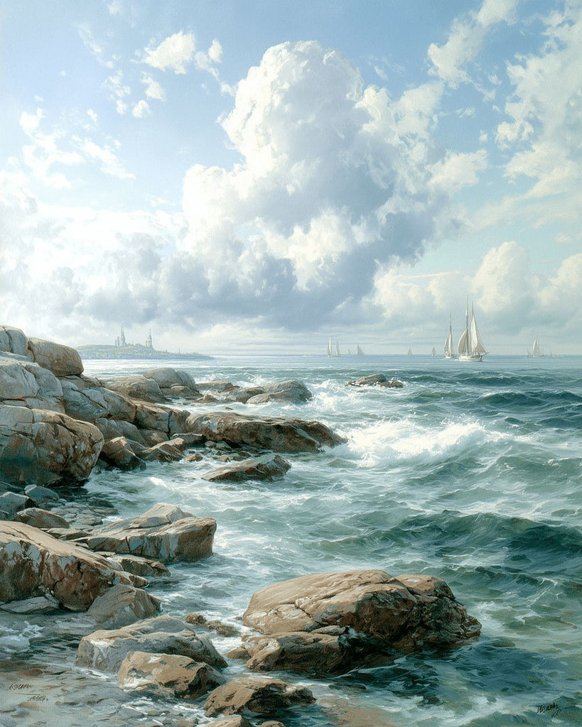 Segelboot und Felsen im Meer Malen nach Zahlen