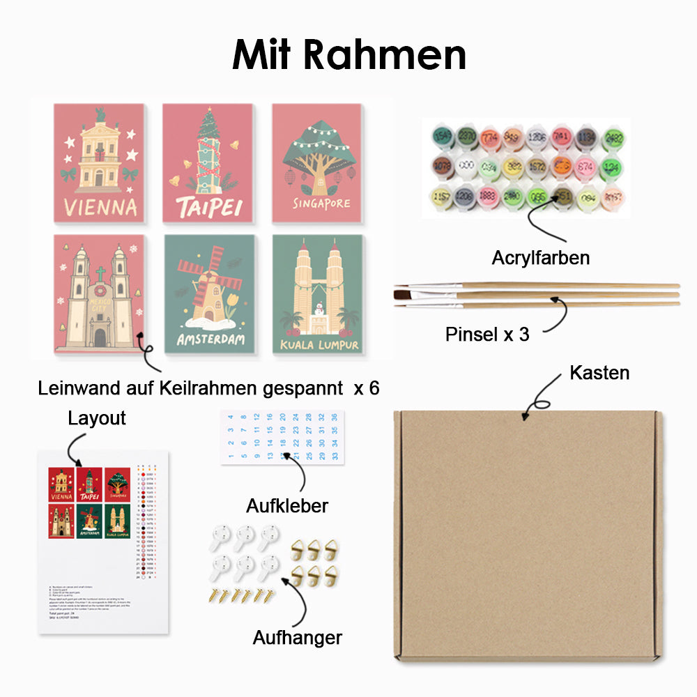 Sehenswürdigkeiten auf der Welt Feiern Weihnachten 6 Stück Mini Malen nach Zahlen