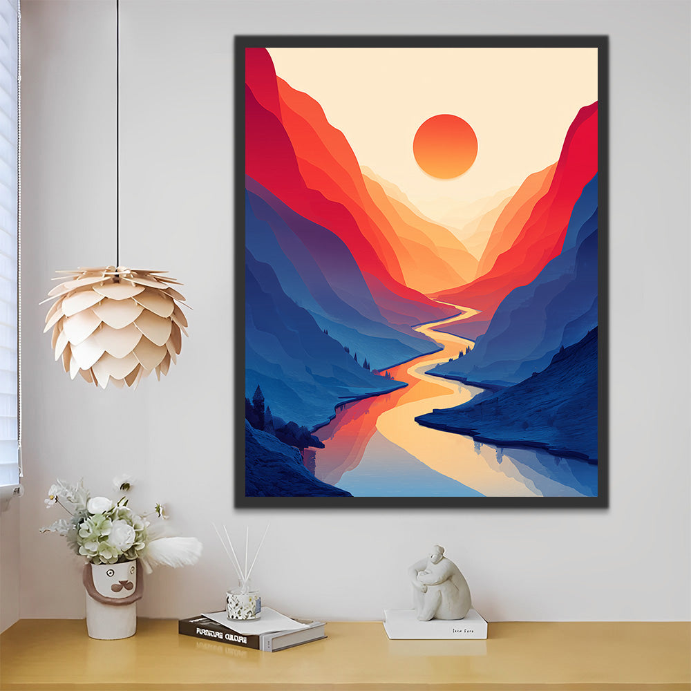 Sich windende Bäche in den Bergen bei Sonnenaufgang Malen nach Zahlen