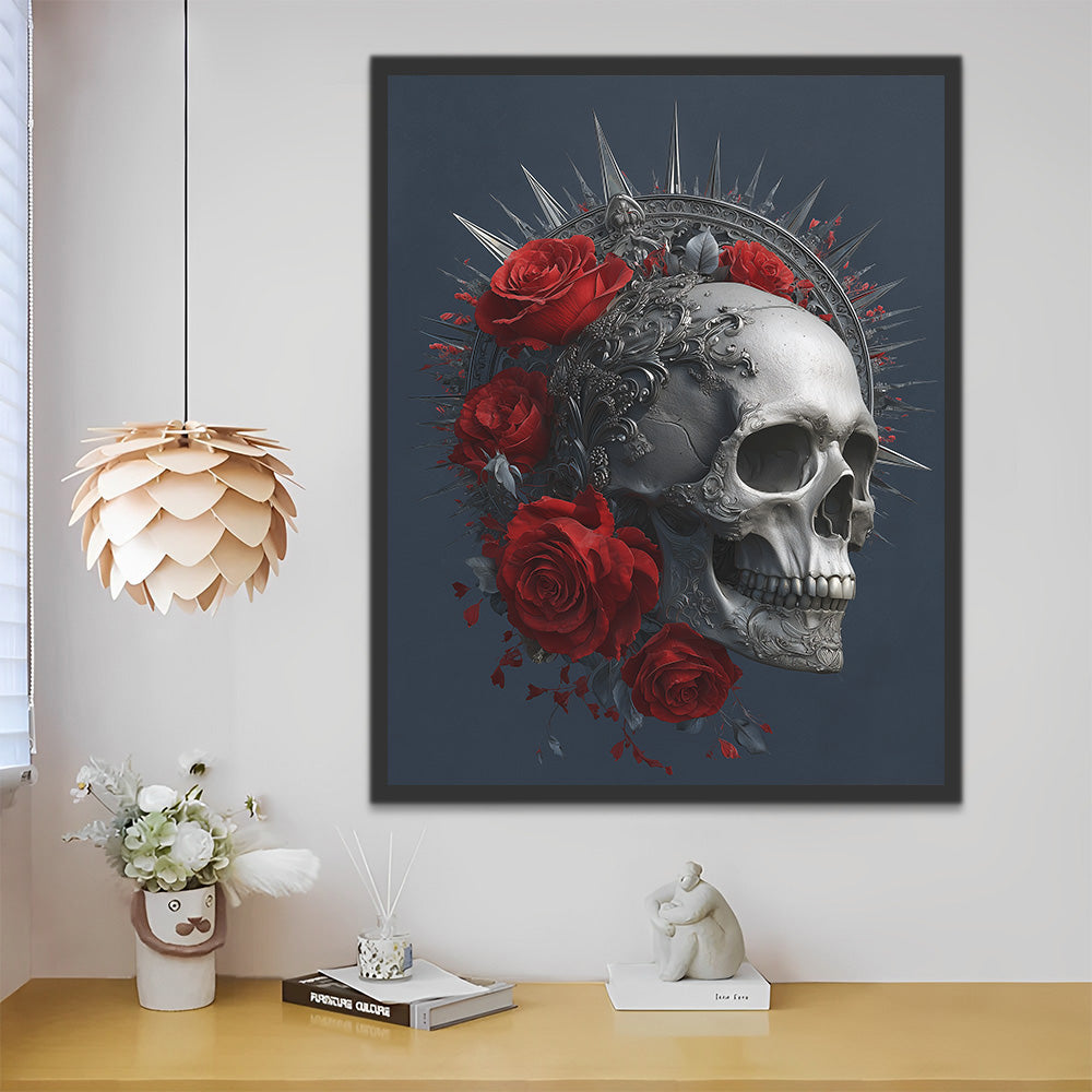 Silberner Totenkopf mit Krone und roten Rosen Malen nach Zahlen