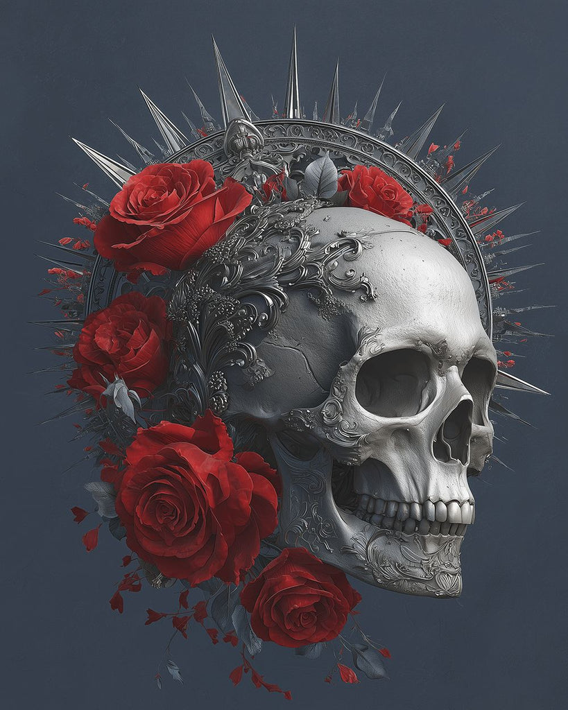 Silberner Totenkopf mit Krone und roten Rosen Malen nach Zahlen