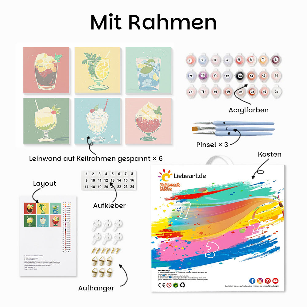 Sommerliche Kaltgetränke und Eis 6 Stück Mini Malen nach Zahlen