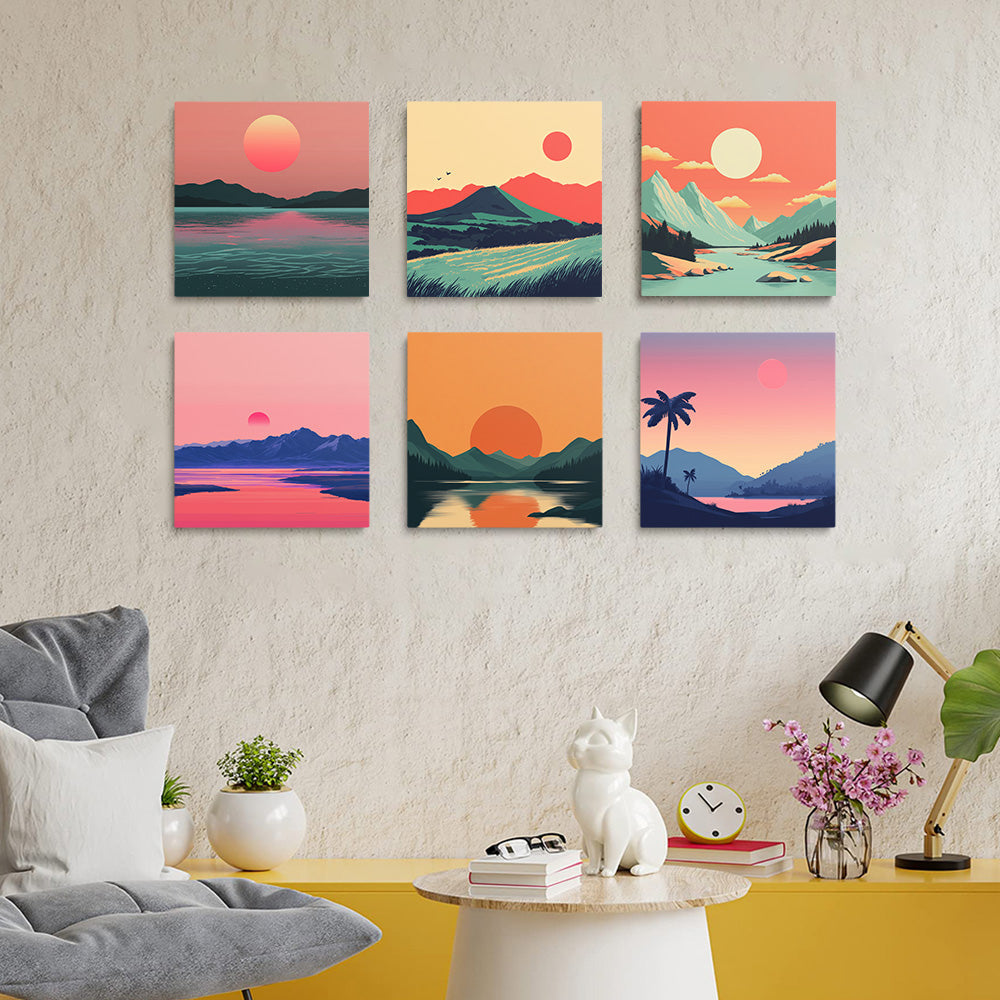 Sonnenaufgang über Bergen und Meer 6 Stück Mini Malen nach Zahlen