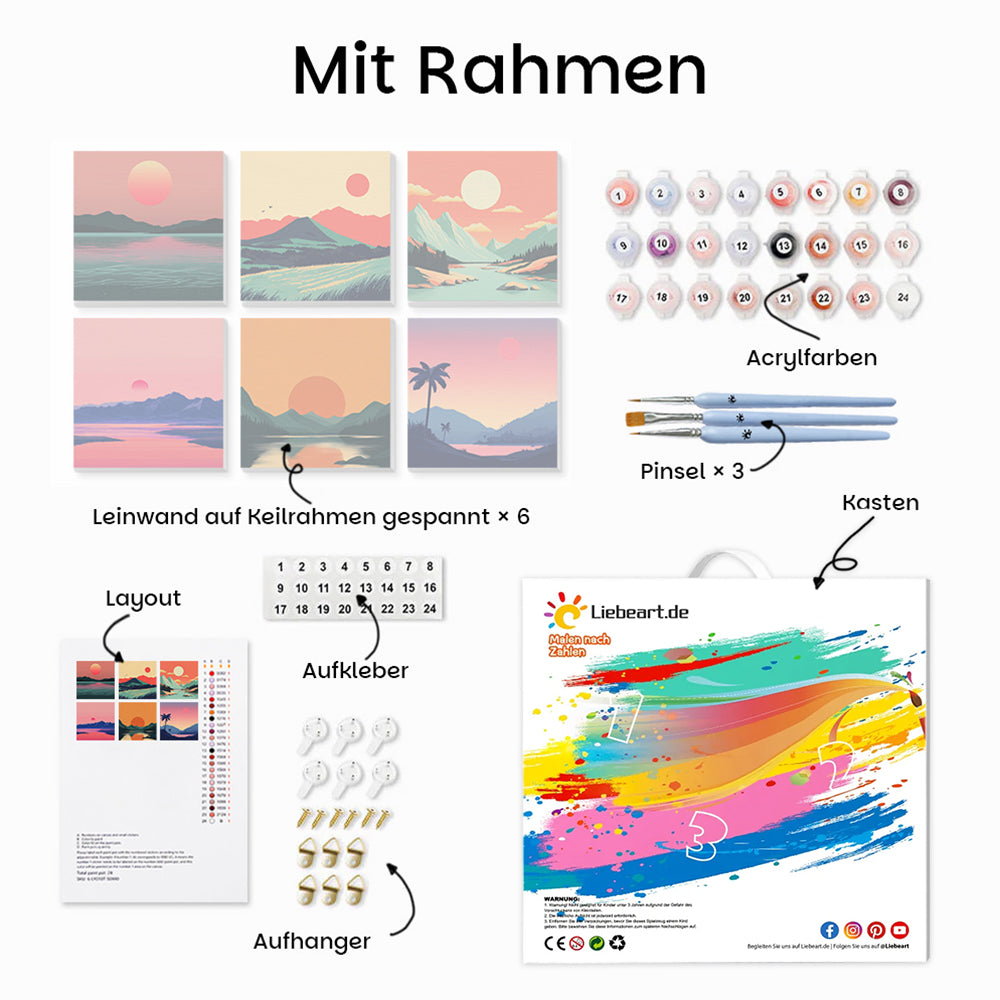 Sonnenaufgang über Bergen und Meer 6 Stück Mini Malen nach Zahlen 
