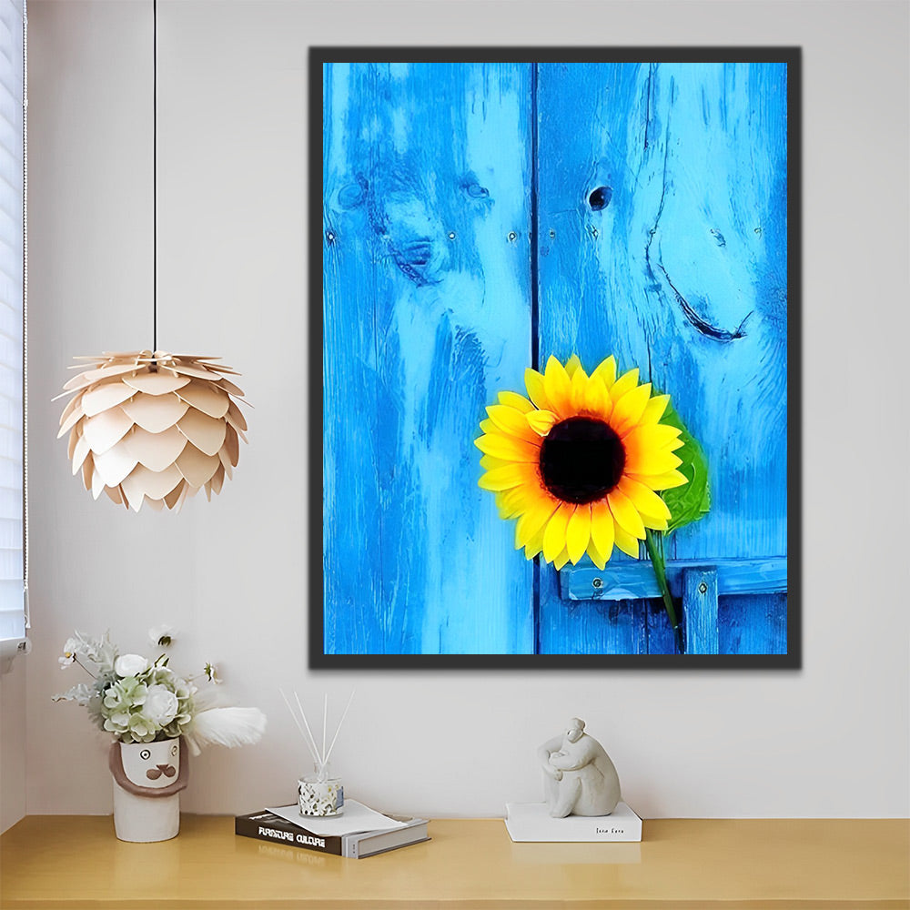 Sonnenblume und blaue Holztür Malen nach Zahlen