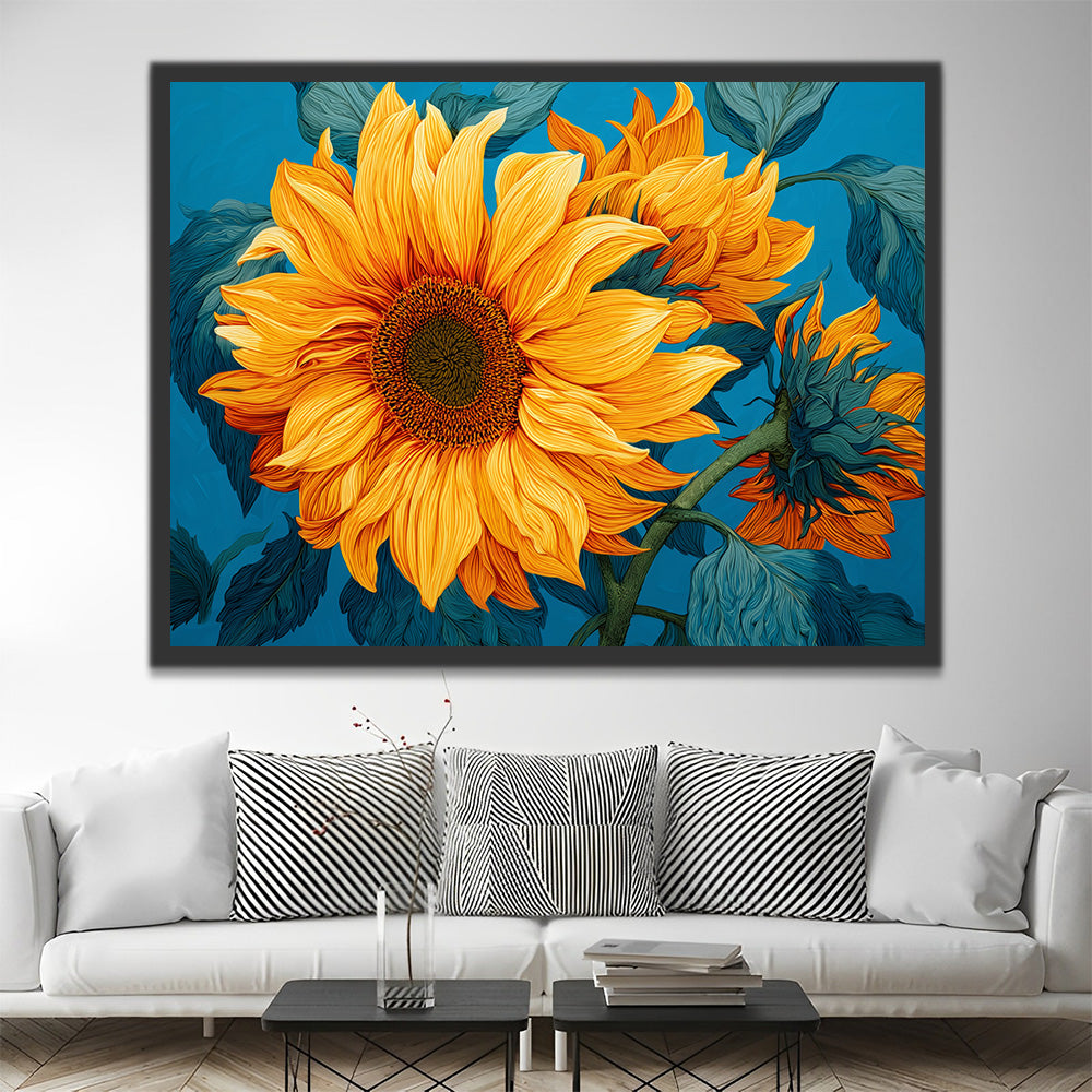 Sonnenblumen auf blauem Hintergrund Malen nach Zahlen