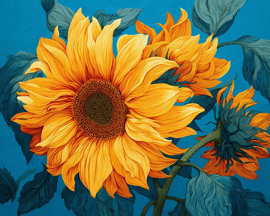 Sonnenblumen auf blauem Hintergrund Malen nach Zahlen