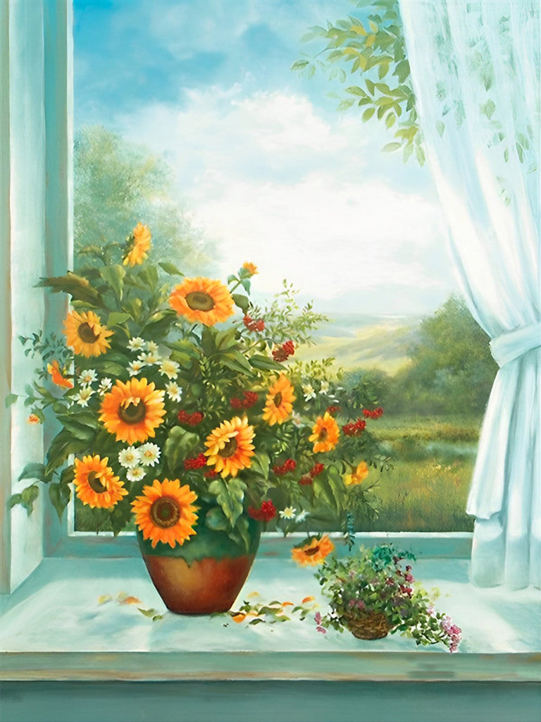 Sonnenblumen auf der Fensterbank Malen nach Zahlen