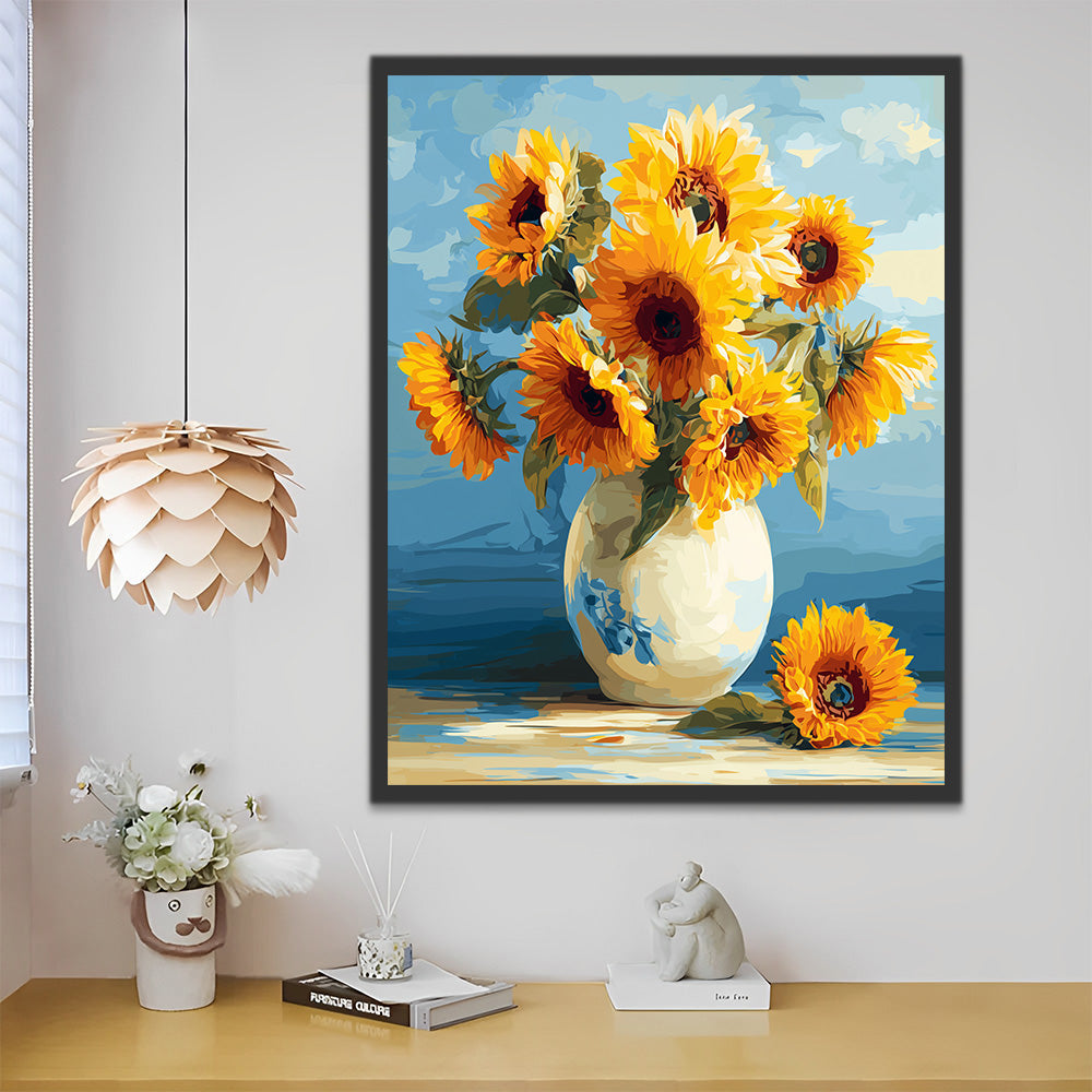 Sonnenblumen in der Porzellanvase Malen nach Zahlen