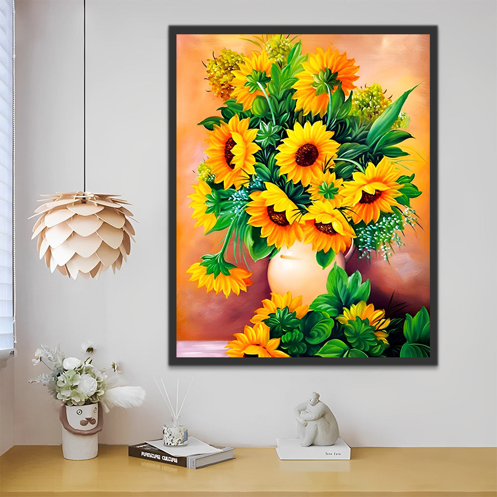 Sonnenblumen in der weißen Vase Malen nach Zahlen