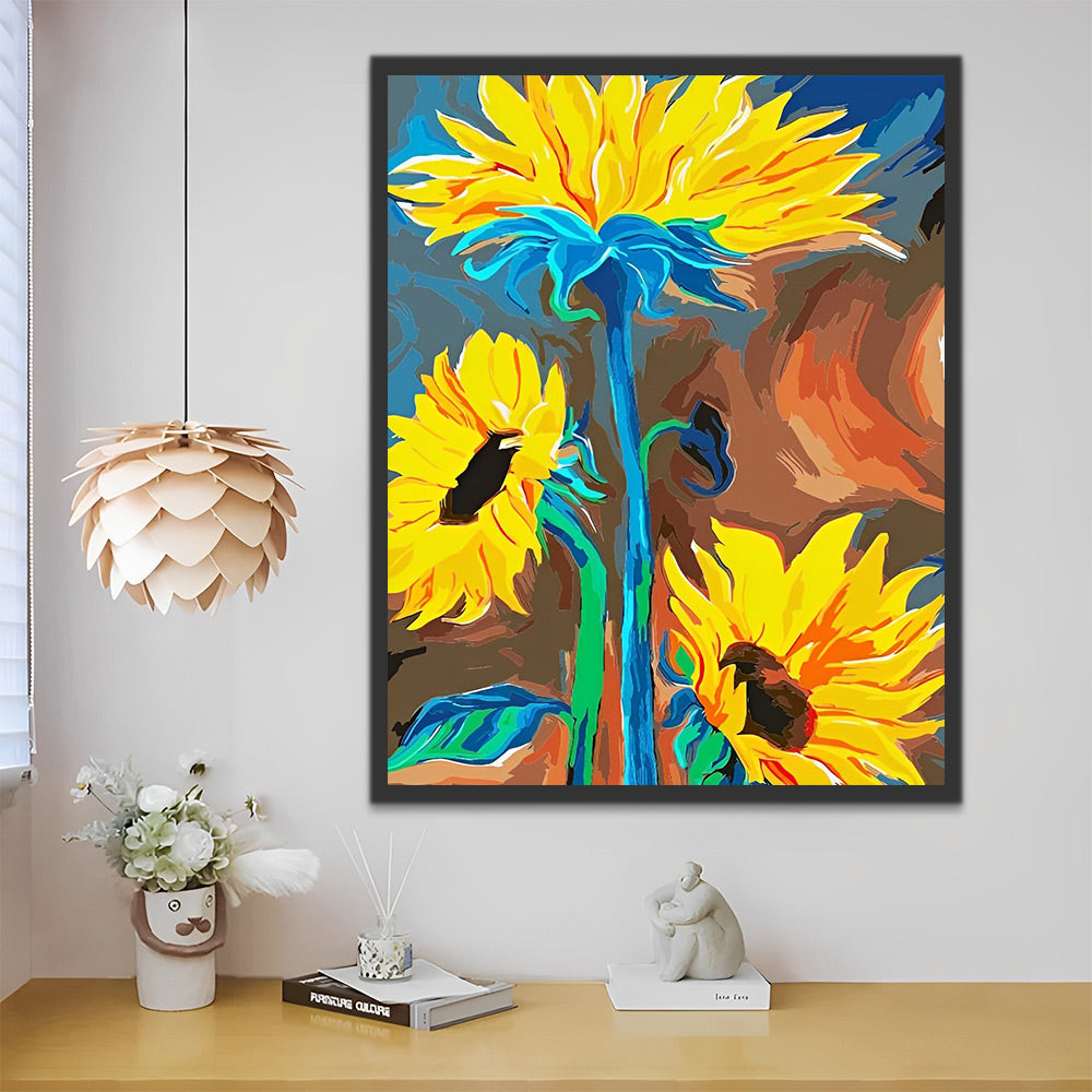 Sonnenblumen mit blauen Stielen Malen nach Zahlen