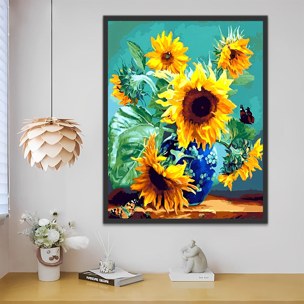 Sonnenblumen und blaue Vase Malen nach Zahlen