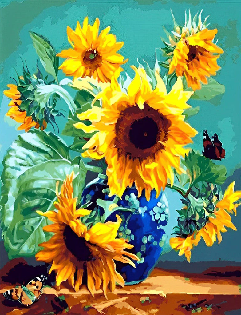 Sonnenblumen und blaue Vase Malen nach Zahlen