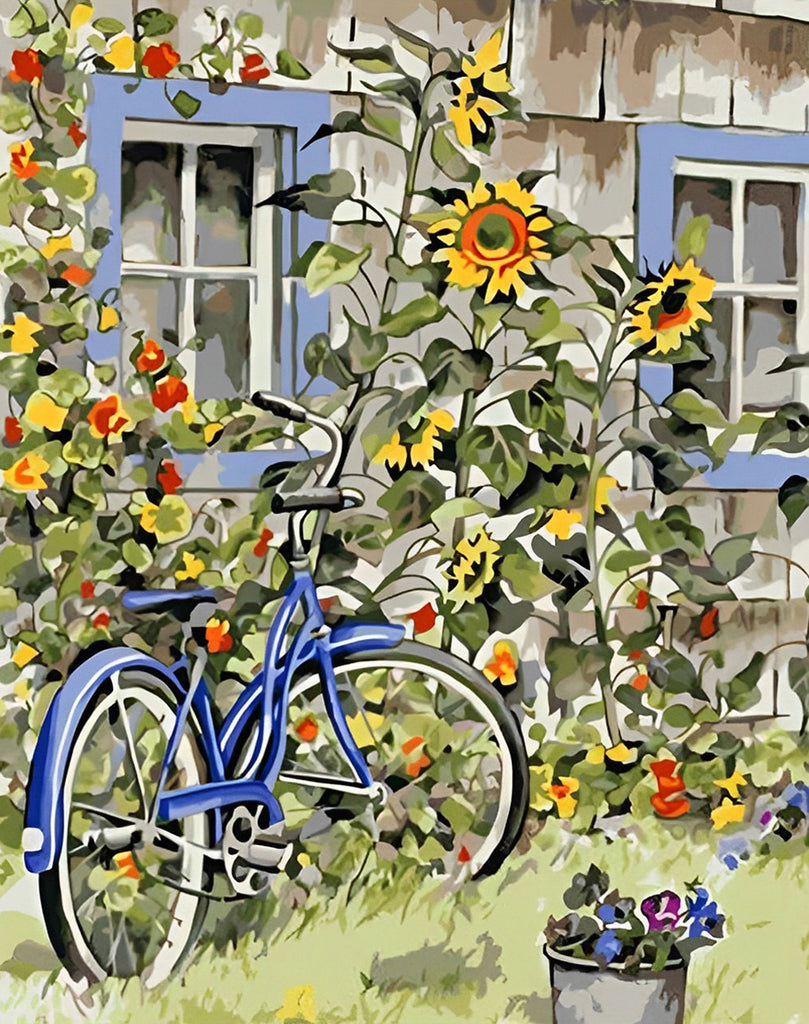 Sonnenblumen und ein blaues Fahrrad Malen nach Zahlen