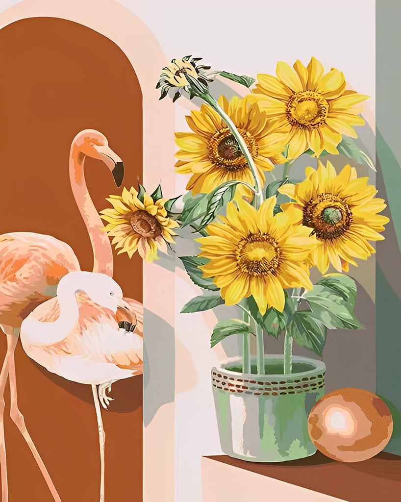 Sonnenblumen und Flamingos Malen nach Zahlen