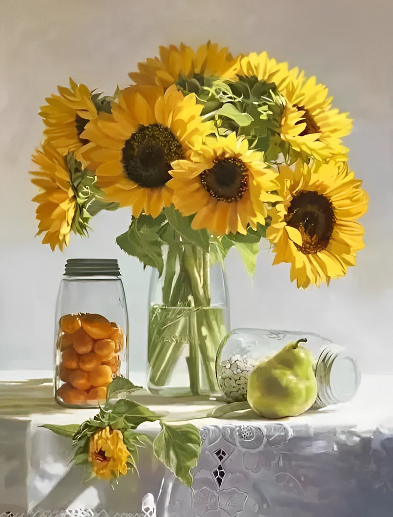 Sonnenblumen und Obst Malen nach Zahlen