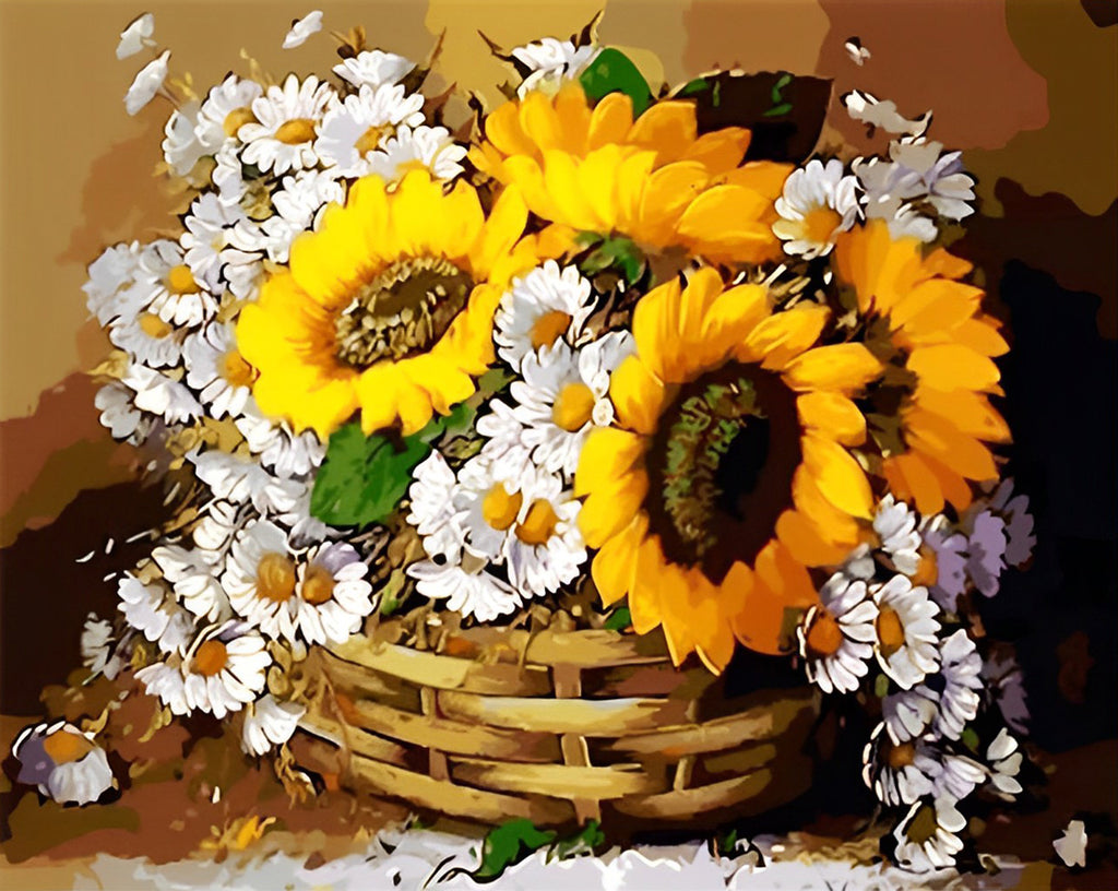 Sonnenblumen und weiße Gänseblümchen Malen nach Zahlen