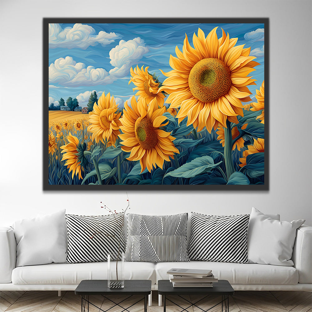 Sonnenblumen unter dem blauen Himmel Malen nach Zahlen