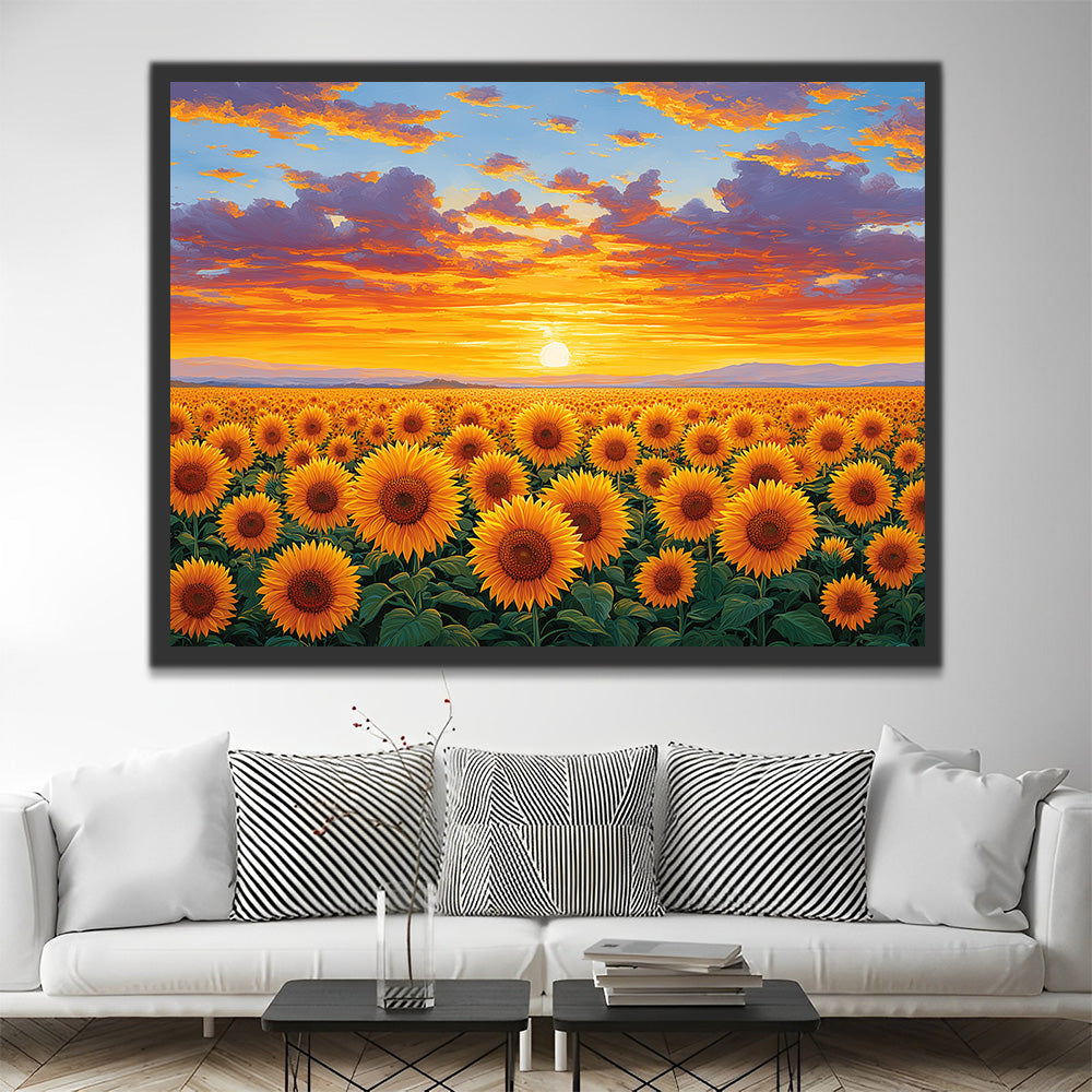 Sonnenblumenfeld bei Sonnenaufgang Malen nach Zahlen