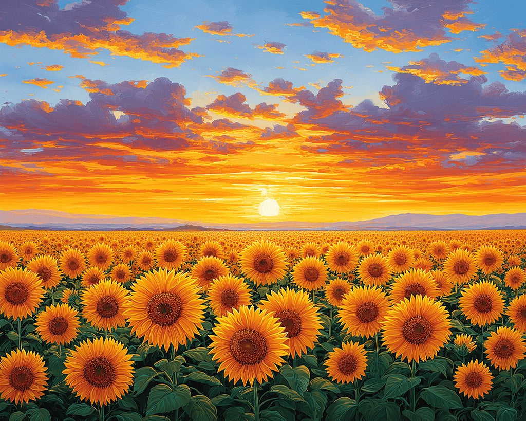 Sonnenblumenfeld bei Sonnenaufgang Malen nach Zahlen