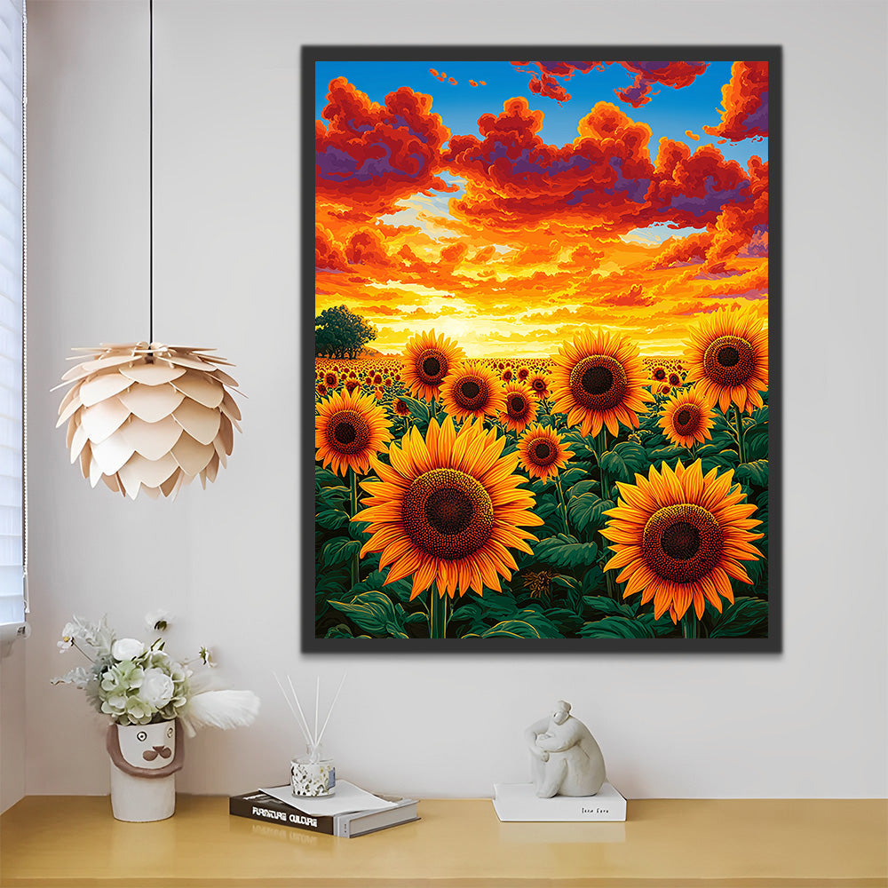 Sonnenblumenfeld unter den Feuerwolken Malen nach Zahlen
