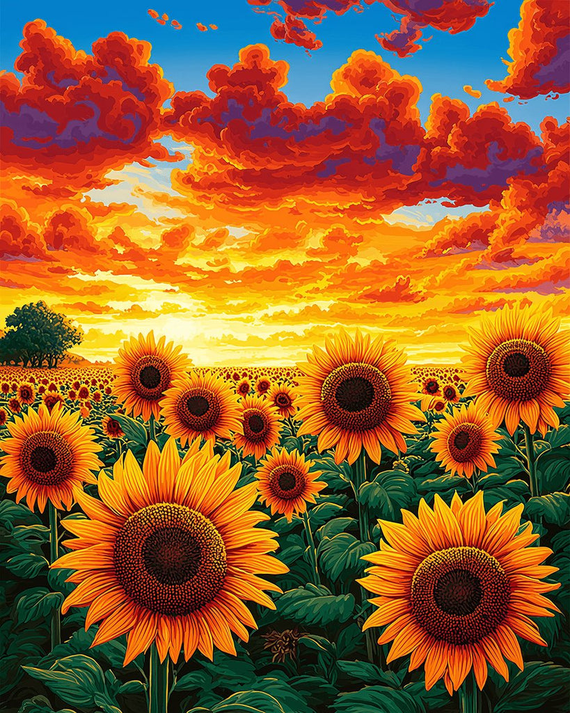 Sonnenblumenfeld unter den Feuerwolken Malen nach Zahlen