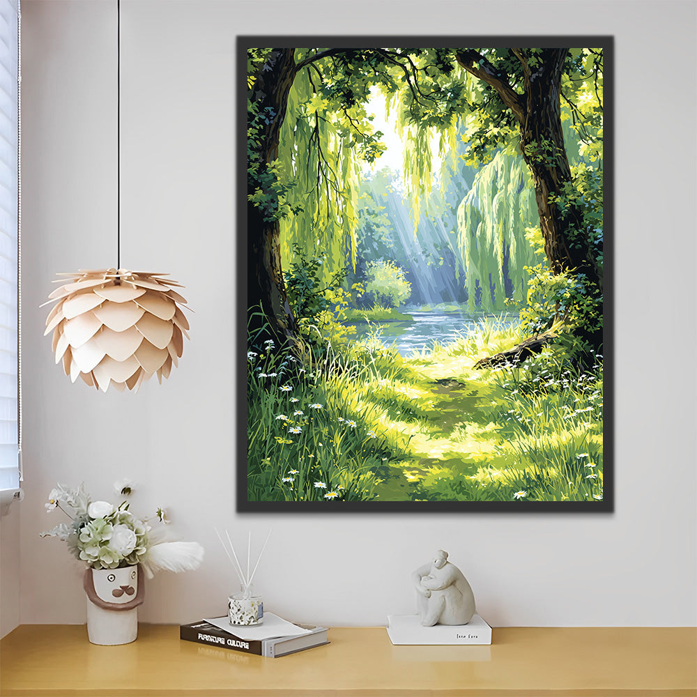 Sonnenlicht im grünen Wald Malen nach Zahlen