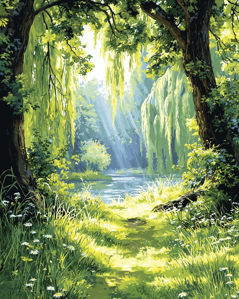 Sonnenlicht im grünen Wald Malen nach Zahlen