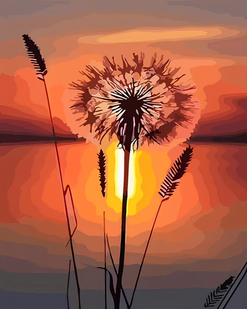 Sonnenuntergang und Pusteblume Malen nach Zahlen