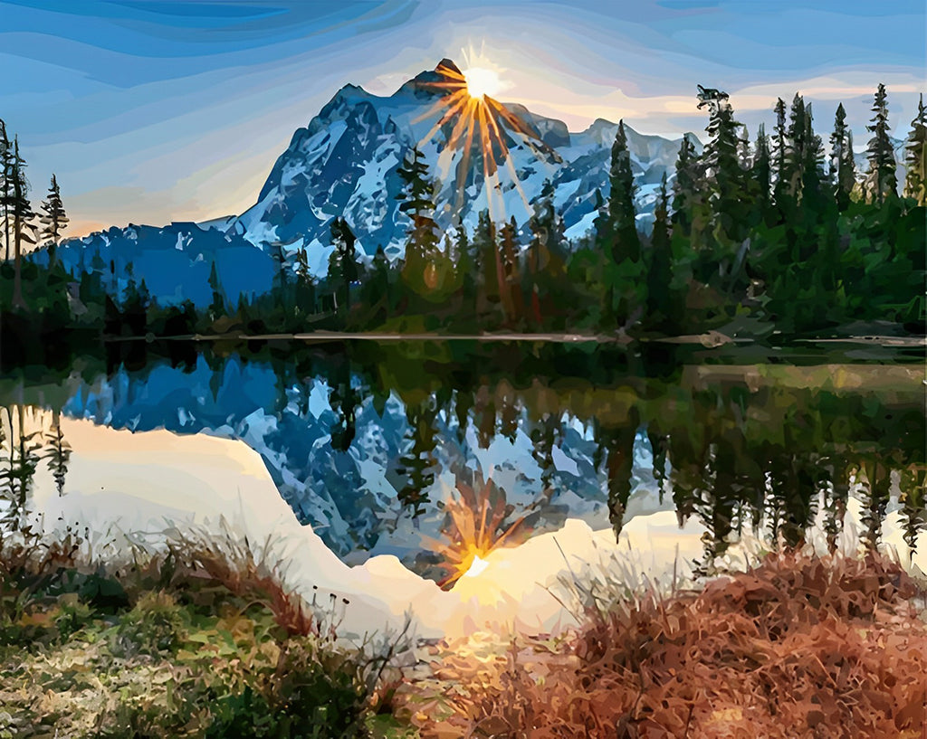 Sonnenuntergang und Schneeberg Malen nach Zahlen