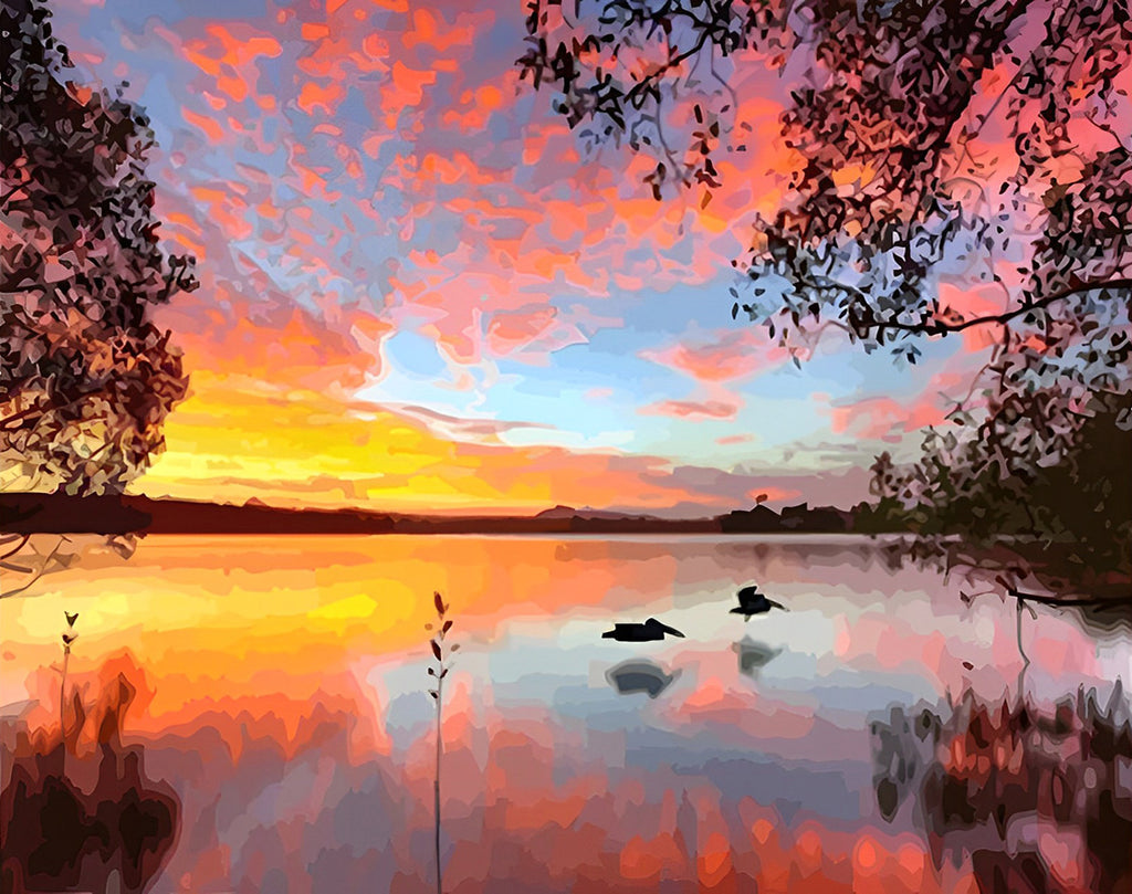 Sonnenuntergang und See Malen nach Zahlen