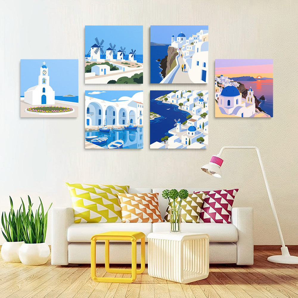 Sonniger Tag in Santorini 6 Stück Mini Malen nach Zahlen