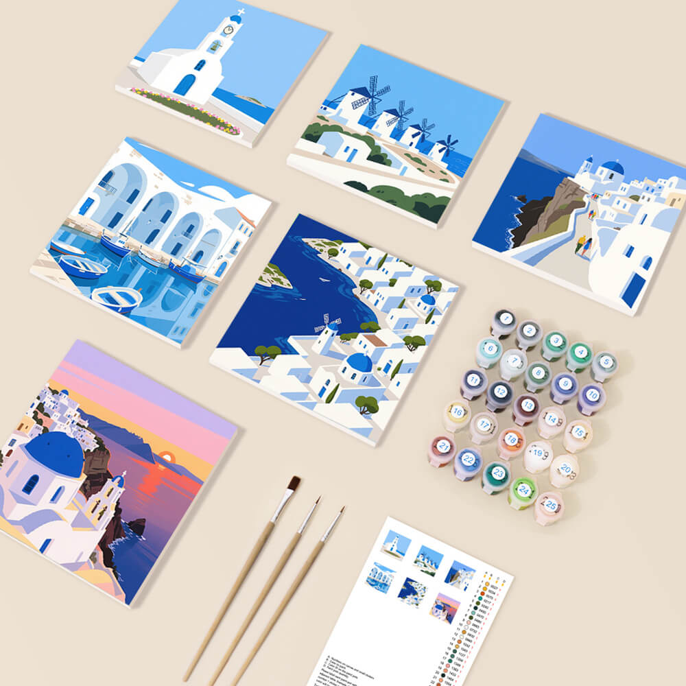 Sonniger Tag in Santorini 6 Stück Mini Malen nach Zahlen