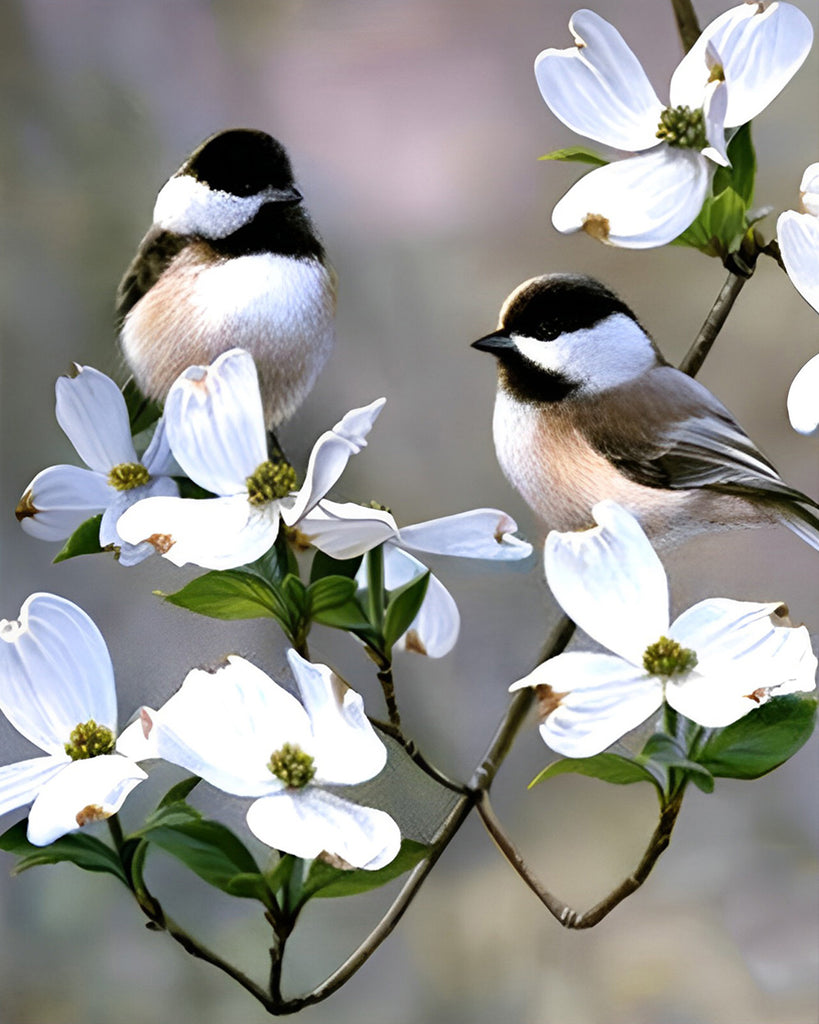 Spatzen und weiße Blumen Malen nach Zahlen