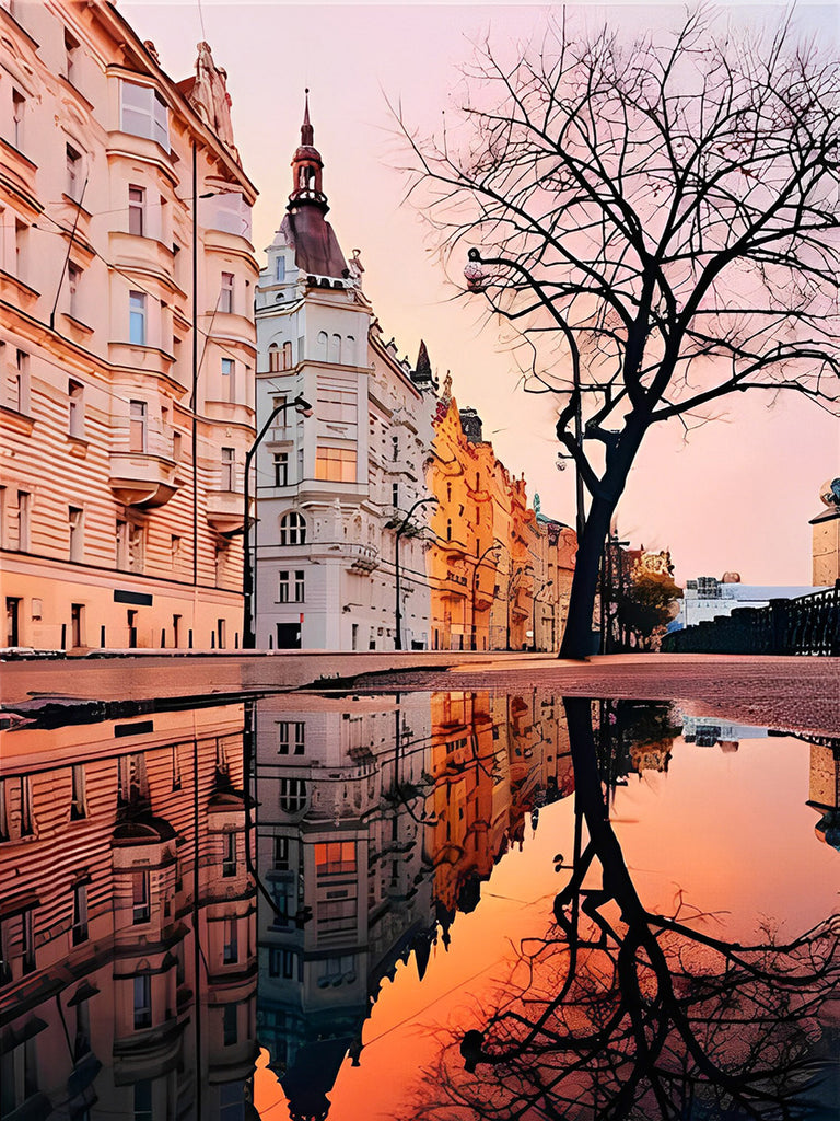 Stadt, einsamer Baum und Spiegelbild Malen nach Zahlen