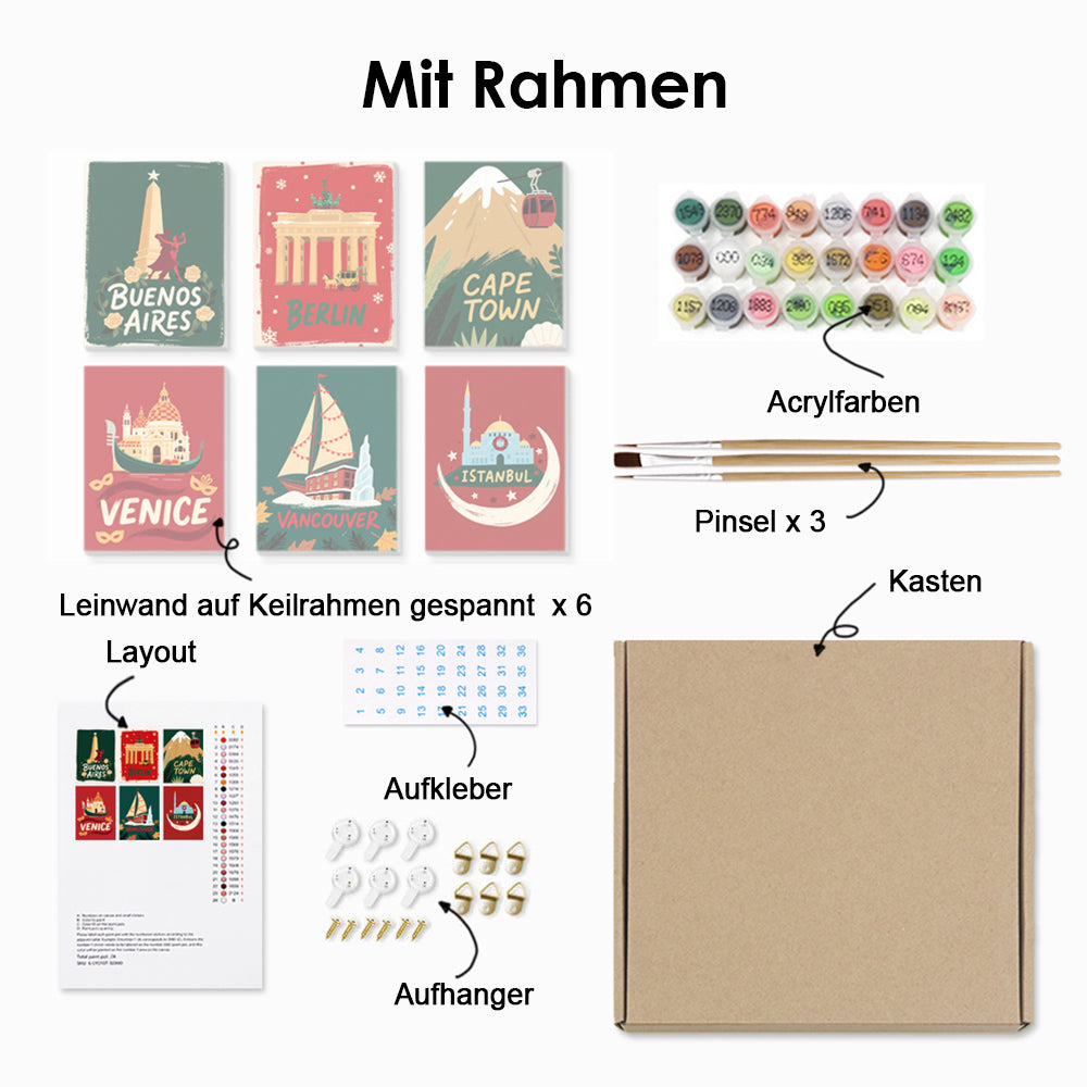 Städte auf der Ganzen Welt zu Weihnachten 6 Stück Mini Malen nach Zahlen