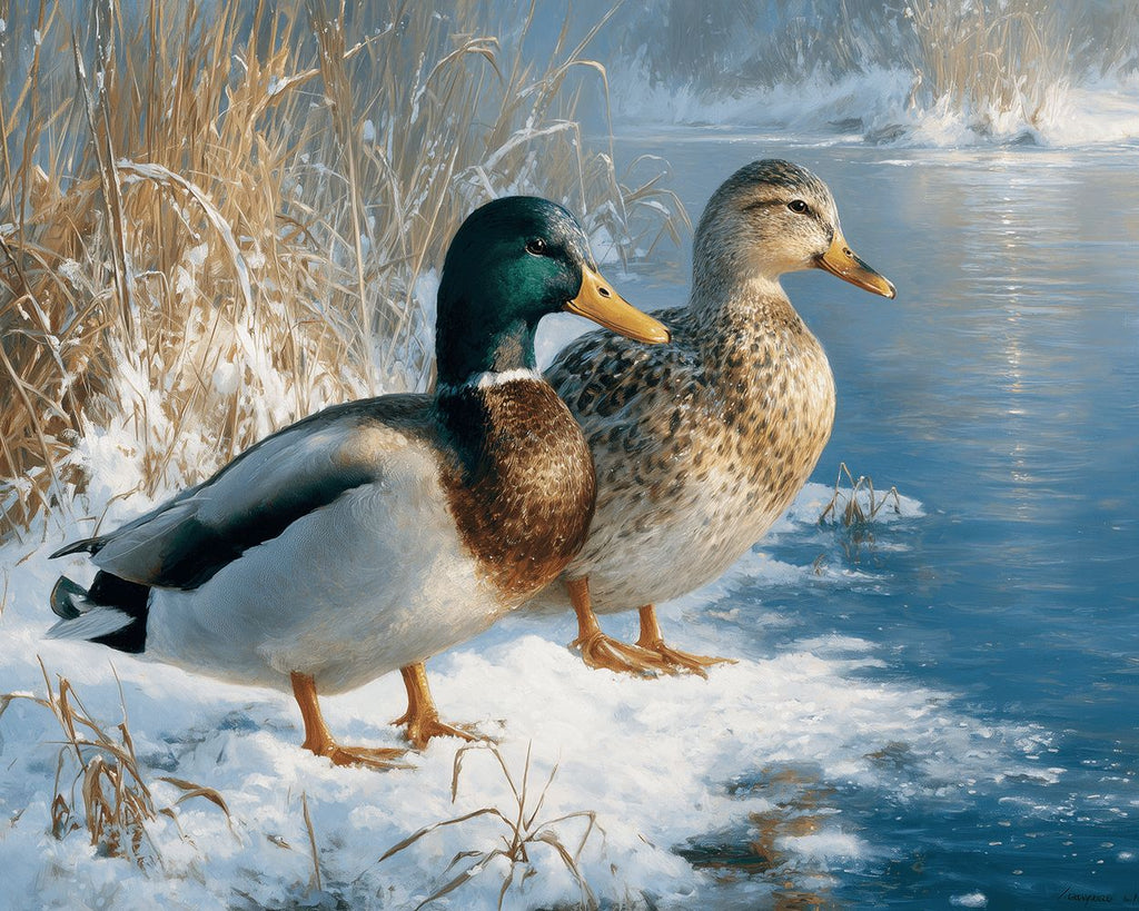 Stockenten auf dem Winterfluss Malen nach Zahlen