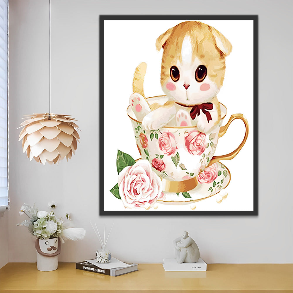 Tasse-Katze und rosa Rosen Malen nach Zahlen