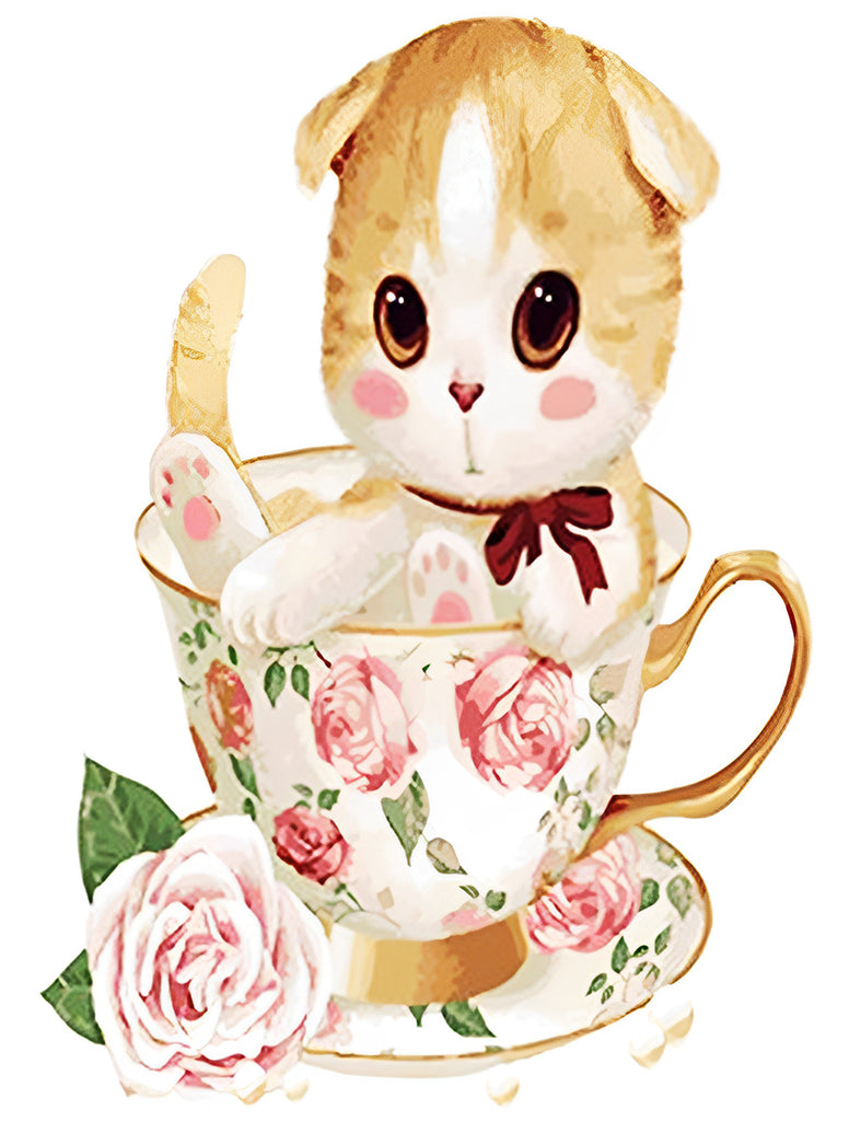 Tasse-Katze und rosa Rosen Malen nach Zahlen