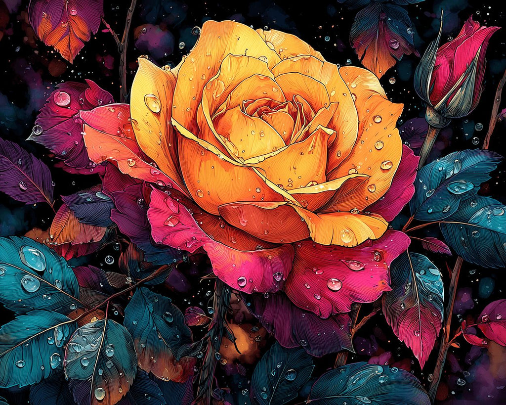 Taufrische rot-orangefarbene Rosen Malen nach Zahlen