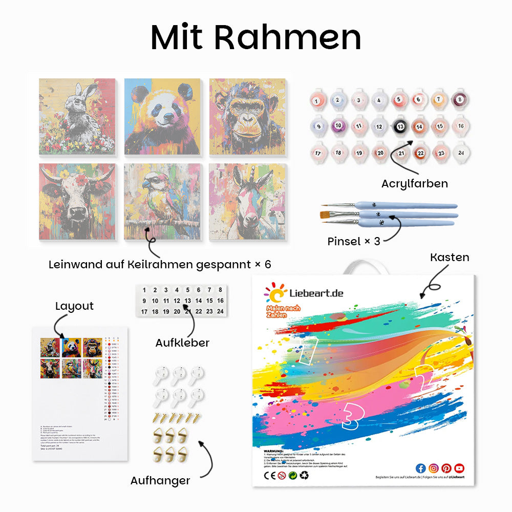 Tiere im Graffiti-Stil 6 Stück Mini Malen nach Zahlen