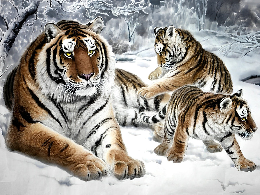 Tiger Familie im Schnee Malen nach Zahlen