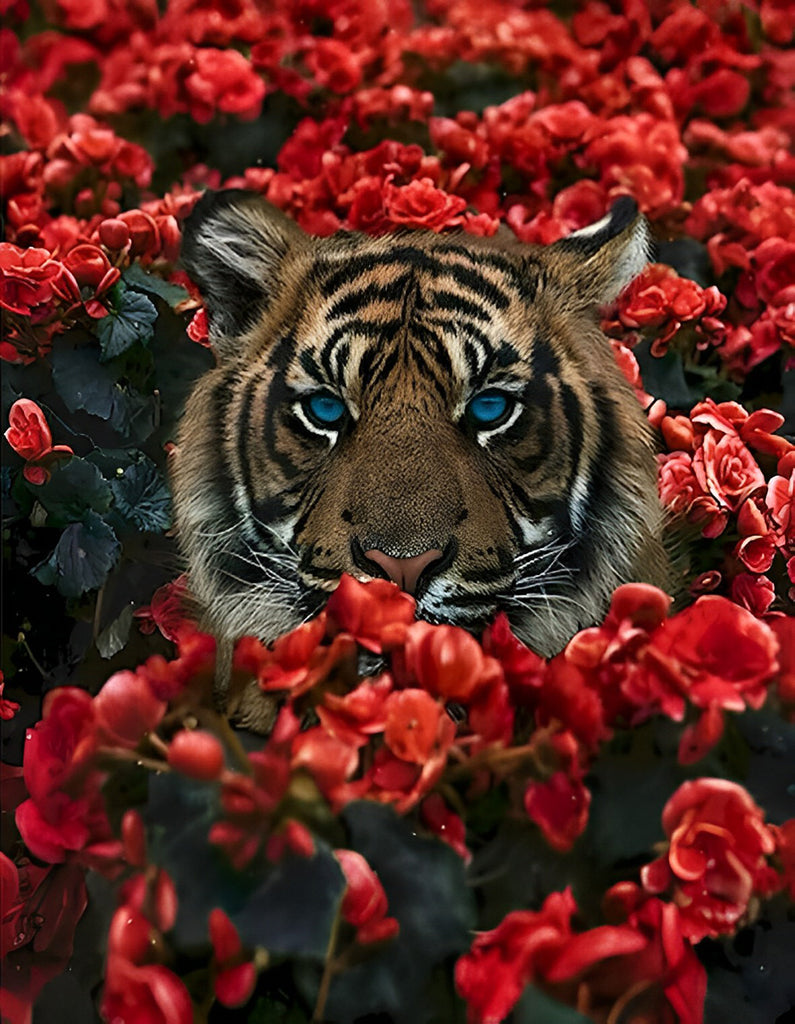 Tiger und rote Blumen Malen nach Zahlen