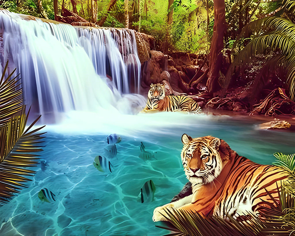 Tiger und Wasserfall Malen nach Zahlen