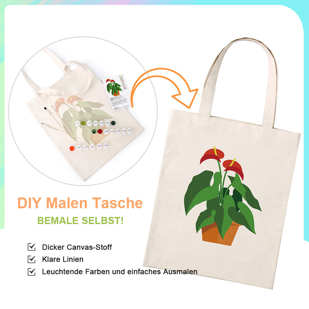 Topfpflanzen mit Roten Blumen und Grünen Blättern Leinwand Tragetasche Malen nach Zahlen