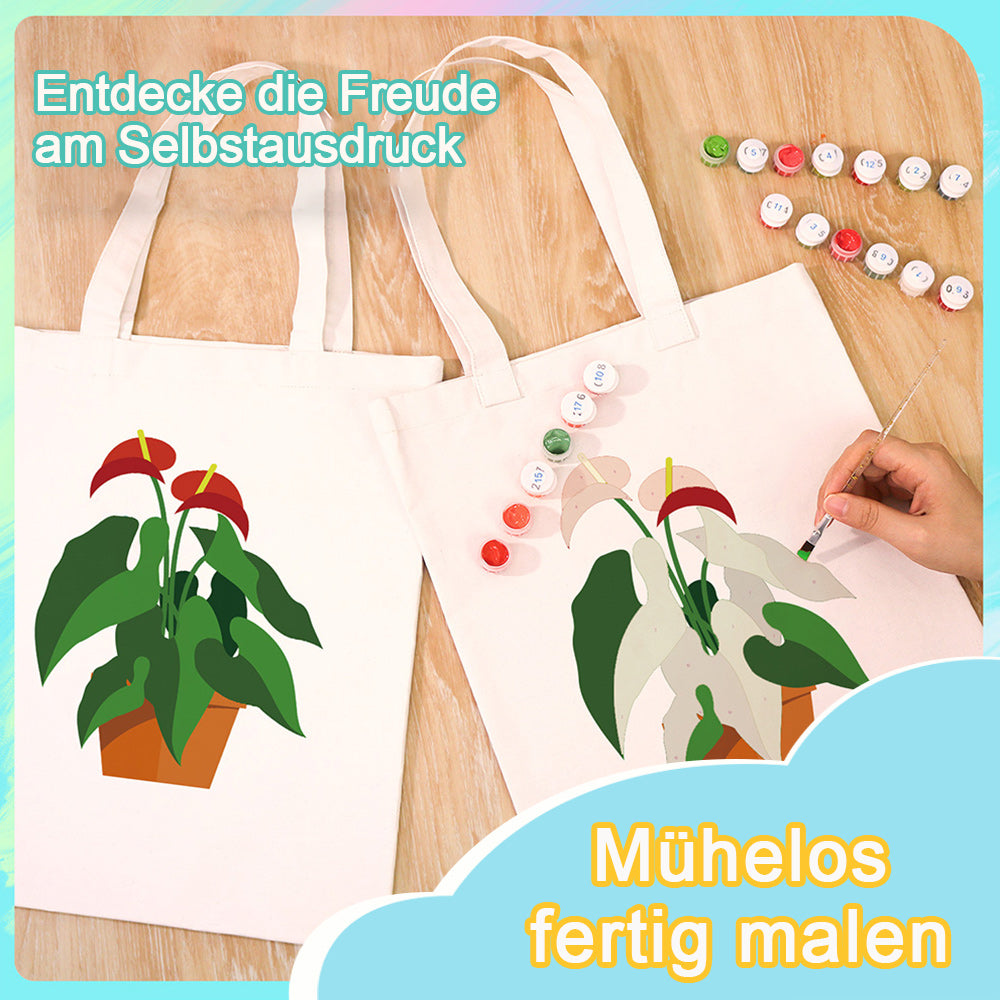 Topfpflanzen mit Roten Blumen und Grünen Blättern Leinwand Tragetasche Malen nach Zahlen