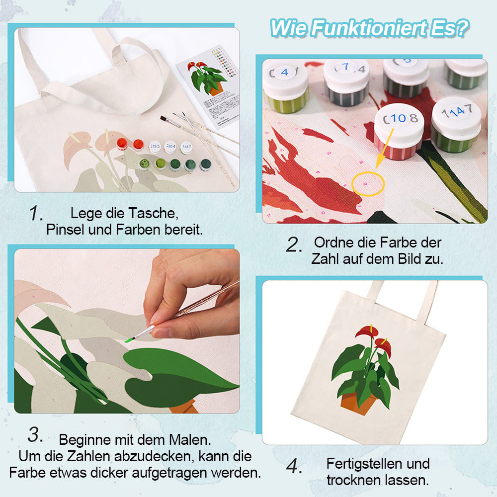 Topfpflanzen mit Roten Blumen und Grünen Blättern Leinwand Tragetasche Malen nach Zahlen